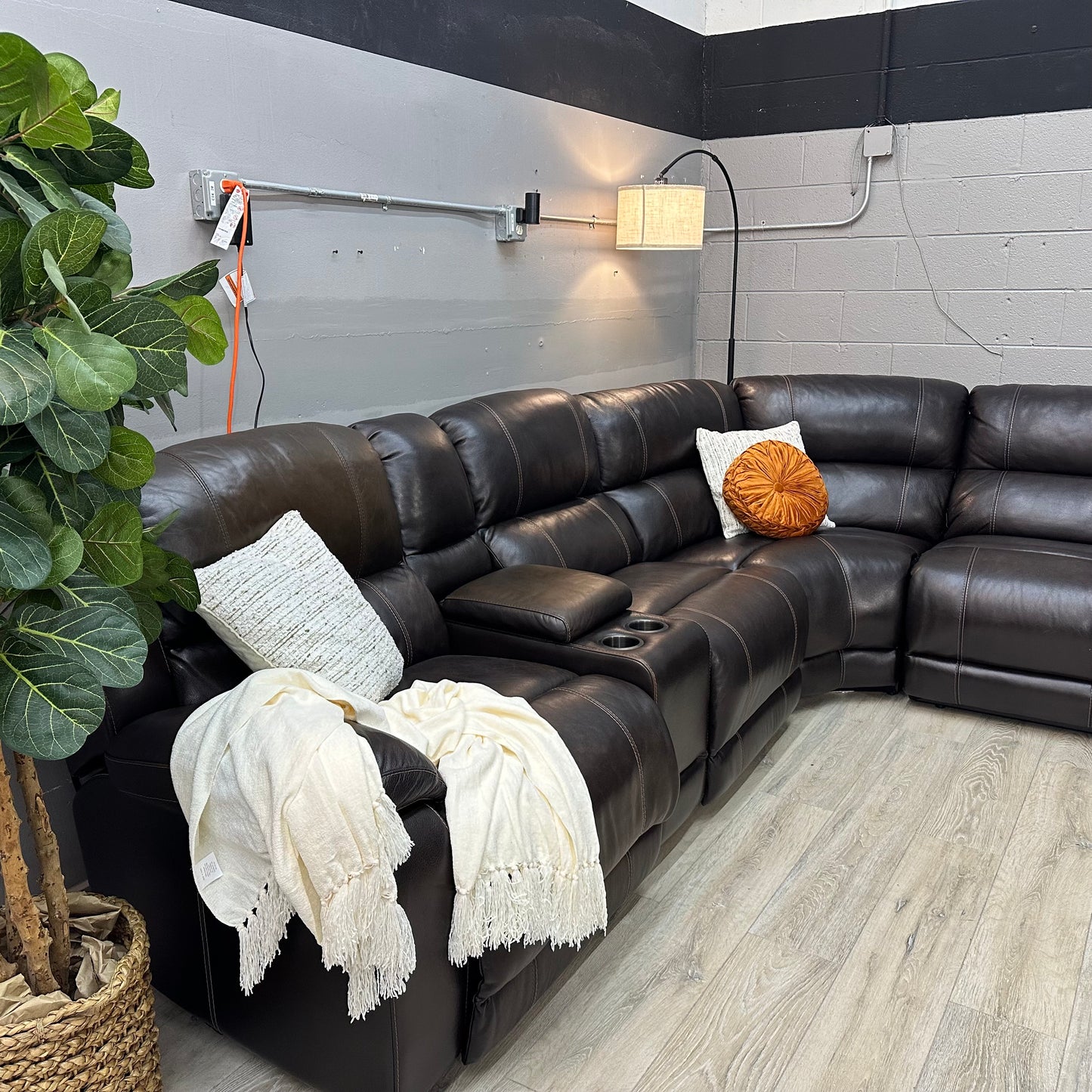 Dunhill 3-piece Leather Power Reclining Sectional Power Headrest, Dark Brown